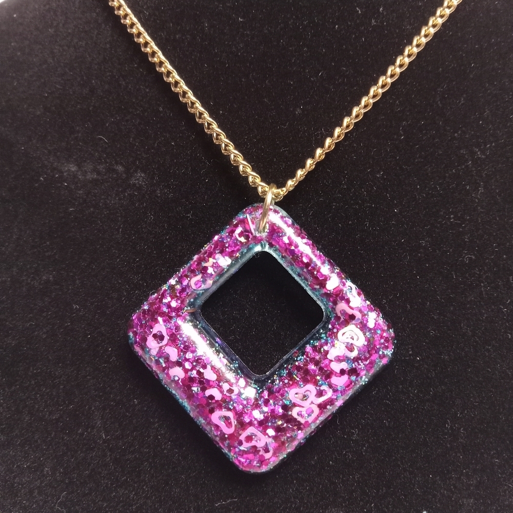 Hand Crafted Fuchsia and Gold Square Necklace